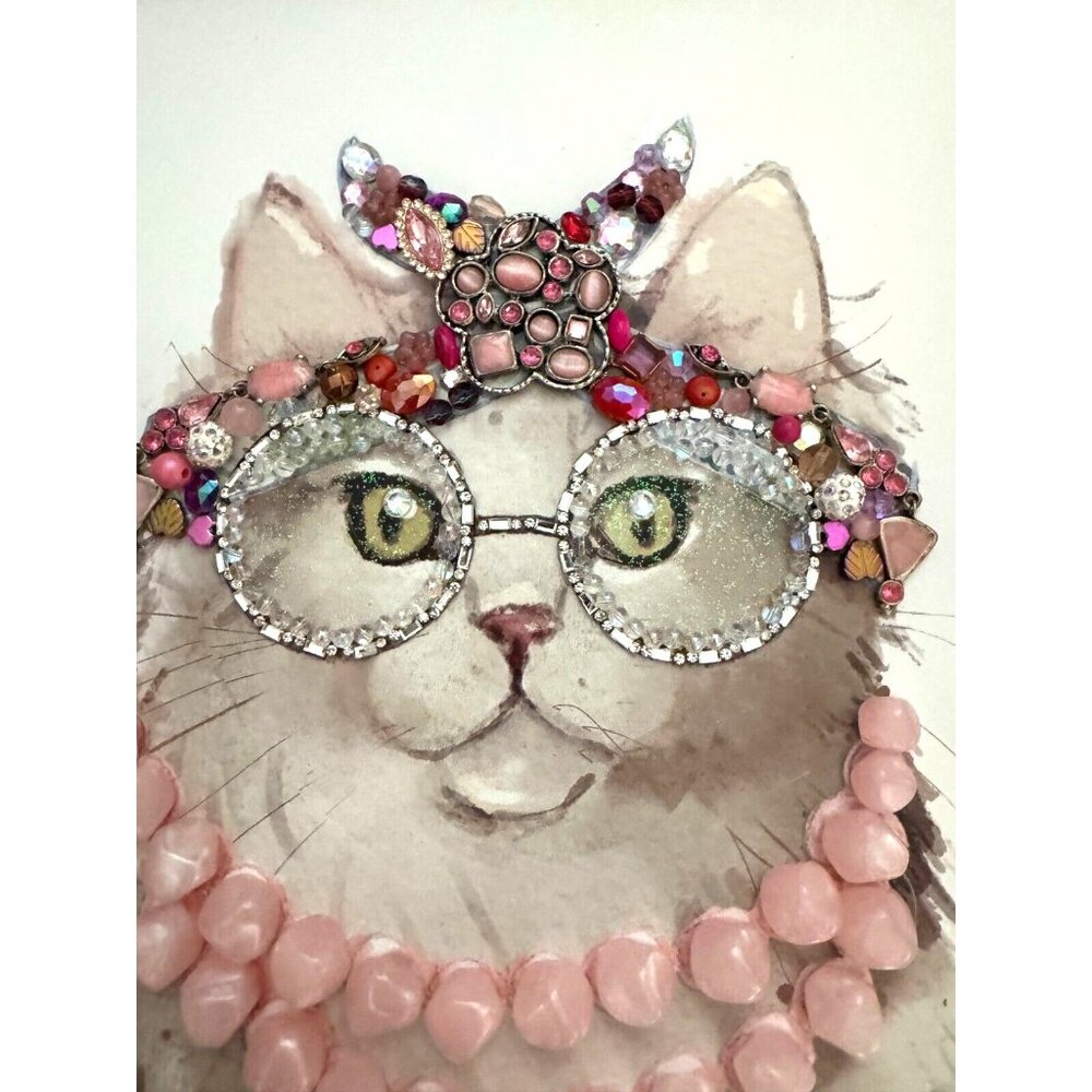 Framed Jewelry Art Cat With Pink Pearls &Embellished Glasses By Betty 13" X 16" - Picture 3 of 5